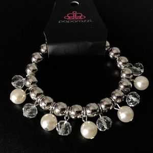 Silver Faux Pearl Stretchy Bracelet White Clear Bead Accents Fashion Jewelry